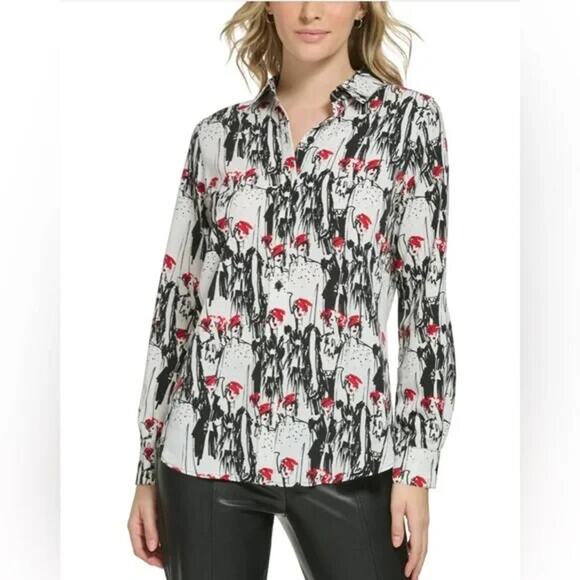 KARL LAGERFELD PARIS GIRLS SKETCH PRINT BUTTON UP BLOUSE - Picture 1 of 4